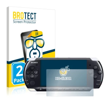 Vorderseite einer Produktverpackung mit dem Markenlogo BROTECT. Daneben ist das Gerät Sony PSP 3003 mit dem zugehörigen Displa