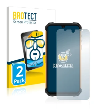 Vorderseite einer Produktverpackung mit dem Markenlogo BROTECT. Daneben ist das Gerät Ulefone Armor 8 mit dem zugehörigen Disp
