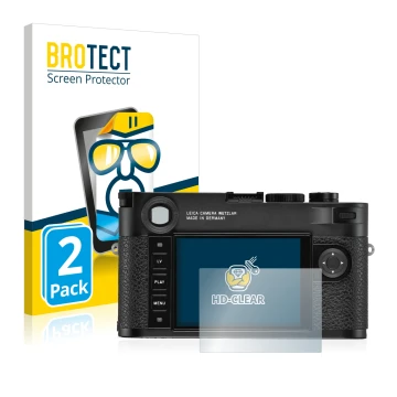 Vorderseite einer Produktverpackung mit dem Markenlogo BROTECT. Daneben ist das Gerät Leica M10-R mit dem zugehörigen Displays