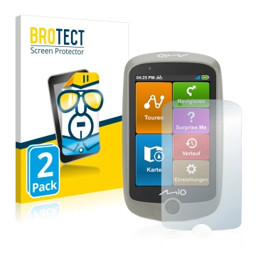 Vorderseite einer Produktverpackung mit dem Markenlogo BROTECT. Daneben ist das Gerät Mitac Mio Cyclo Discover mit dem zugehör