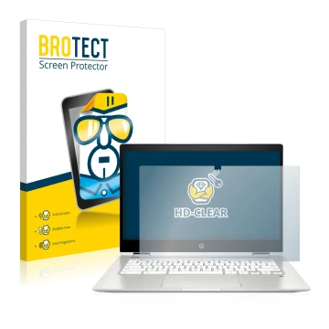 Vorderseite einer Produktverpackung mit dem Markenlogo BROTECT. Daneben ist das Gerät HP Chromebook x360 (14b-caX) mit dem zug