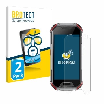 Vorderseite einer Produktverpackung mit dem Markenlogo BROTECT. Daneben ist das Gerät Unihertz Atom L mit dem zugehörigen Disp