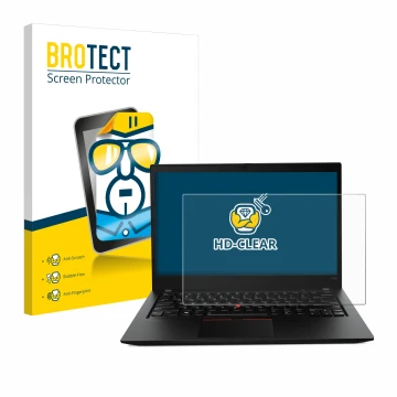 Vorderseite einer Produktverpackung mit dem Markenlogo BROTECT. Daneben ist das Gerät Lenovo ThinkPad T14s Gen 1 mit dem zugeh