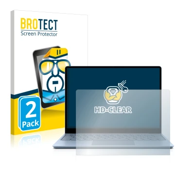 Vorderseite einer Produktverpackung mit dem Markenlogo BROTECT. Daneben ist das Gerät Microsoft Surface Laptop Go mit dem zuge