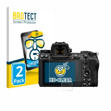 Vorderseite einer Produktverpackung mit dem Markenlogo BROTECT. Daneben ist das Gerät Nikon Z 6 II mit dem zugehörigen Display