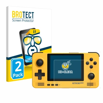 Vorderseite einer Produktverpackung mit dem Markenlogo BROTECT. Daneben ist das Gerät Retroid Pocket 2 mit dem zugehörigen Dis