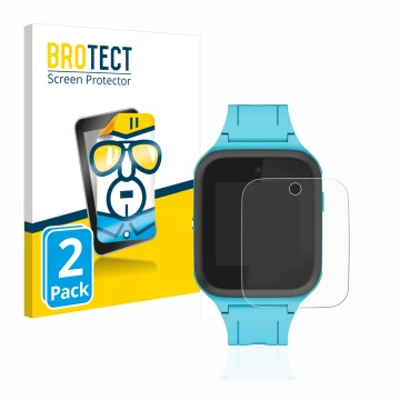 Vorderseite einer Produktverpackung mit dem Markenlogo BROTECT. Daneben ist das Gerät TCL Movetime FamilyWatch Kids MT40X mit 
