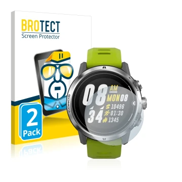 Vorderseite einer Produktverpackung mit dem Markenlogo BROTECT. Daneben ist das Gerät Coros Apex Pro mit dem zugehörigen Displ