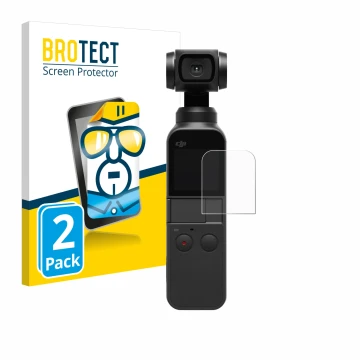 Vorderseite einer Produktverpackung mit dem Markenlogo BROTECT. Daneben ist das Gerät DJI Osmo Pocket 2 mit dem zugehörigen Di