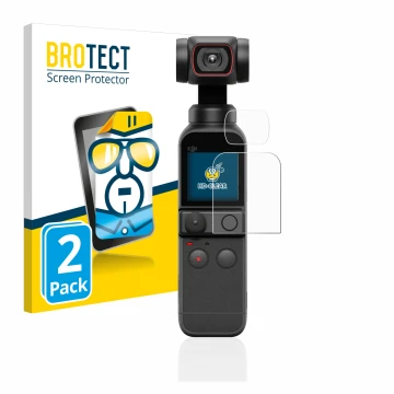 Vorderseite einer Produktverpackung mit dem Markenlogo BROTECT. Daneben ist das Gerät DJI Osmo Pocket 2 (Display + Linse) mit 