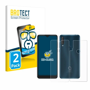 Vorderseite einer Produktverpackung mit dem Markenlogo BROTECT. Daneben ist das Gerät Alcatel 1S 2020 (Display+Rückseite) mit 