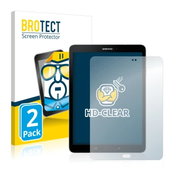 Vorderseite einer Produktverpackung mit dem Markenlogo BROTECT. Daneben ist das Gerät Samsung Galaxy Tab S3 mit dem zugehörige