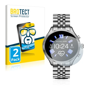Vorderseite einer Produktverpackung mit dem Markenlogo BROTECT. Daneben ist das Gerät Michael Kors Access Gen 5 Lexington mit 