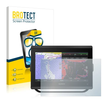 Vorderseite einer Produktverpackung mit dem Markenlogo BROTECT. Daneben ist das Gerät Garmin GPSMAP 8412xsv mit dem zugehörige