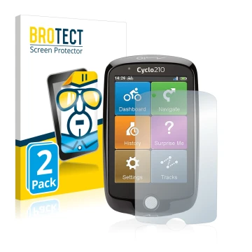 Vorderseite einer Produktverpackung mit dem Markenlogo BROTECT. Daneben ist das Gerät Mio Cyclo 210 mit dem zugehörigen Displa