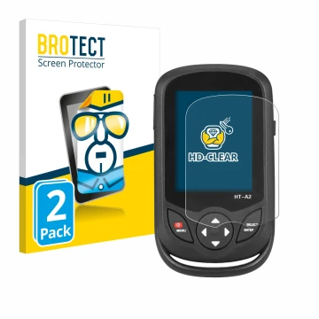 Vorderseite einer Produktverpackung mit dem Markenlogo BROTECT. Daneben ist das Gerät Hti HT A2 mit dem zugehörigen Displaysch