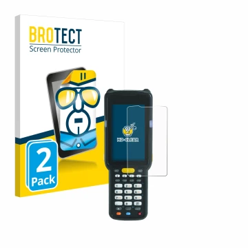 Vorderseite einer Produktverpackung mit dem Markenlogo BROTECT. Daneben ist das Gerät Zebra MC3300X mit dem zugehörigen Displa