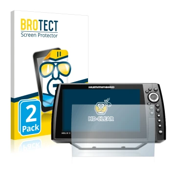 Vorderseite einer Produktverpackung mit dem Markenlogo BROTECT. Daneben ist das Gerät Humminbird Helix 9 CHIRP MSI+ GPS G4N mi