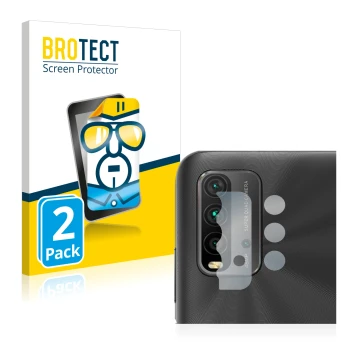 Vorderseite einer Produktverpackung mit dem Markenlogo BROTECT. Daneben ist das Gerät Xiaomi Redmi 9T (NUR Kameraschutz) mit d