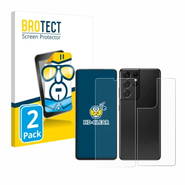 Vorderseite einer Produktverpackung mit dem Markenlogo BROTECT. Daneben ist das Gerät Samsung Galaxy S21 Ultra 5G (Display+Rüc