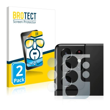 Vorderseite einer Produktverpackung mit dem Markenlogo BROTECT. Daneben ist das Gerät Samsung Galaxy S21 Ultra 5G (NUR Kameras