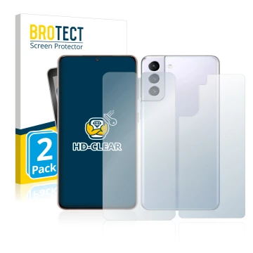 Vorderseite einer Produktverpackung mit dem Markenlogo BROTECT. Daneben ist das Gerät Samsung Galaxy S21 5G (Display+Rückseite
