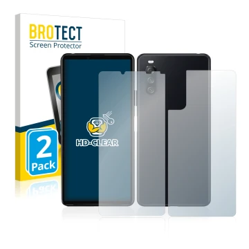 Vorderseite einer Produktverpackung mit dem Markenlogo BROTECT. Daneben ist das Gerät Sony Xperia 10 III (Display+Rückseite) m