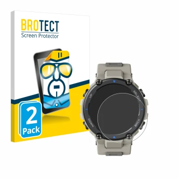 Vorderseite einer Produktverpackung mit dem Markenlogo BROTECT. Daneben ist das Gerät Huami Amazfit T-Rex Pro mit dem zugehöri