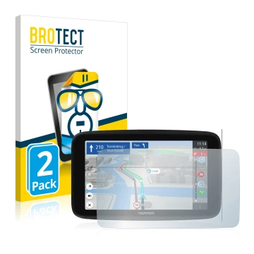 Vorderseite einer Produktverpackung mit dem Markenlogo BROTECT. Daneben ist das Gerät TomTom GO Discover 6