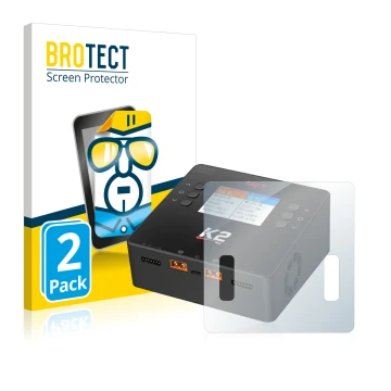 Vorderseite einer Produktverpackung mit dem Markenlogo BROTECT. Daneben ist das Gerät ISDT Smart Duo Charger K2 mit dem zugehö