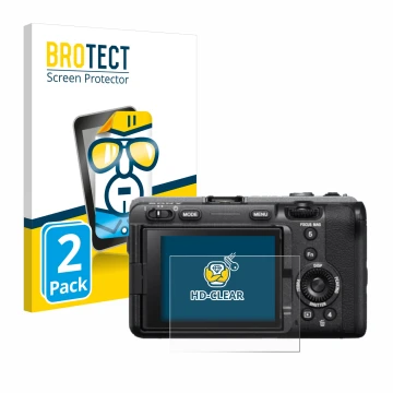Vorderseite einer Produktverpackung mit dem Markenlogo BROTECT. Daneben ist das Gerät Sony FX3 mit dem zugehörigen Displayschu