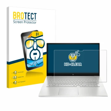Vorderseite einer Produktverpackung mit dem Markenlogo BROTECT. Daneben ist das Gerät HP Envy 17-cX mit dem zugehörigen Displa
