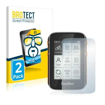 Vorderseite einer Produktverpackung mit dem Markenlogo BROTECT. Daneben ist das Gerät CooSpo BC200 mit dem zugehörigen Display