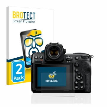 Vorderseite einer Produktverpackung mit dem Markenlogo BROTECT. Daneben ist das Gerät Nikon Z 8 mit dem zugehörigen Displaysch