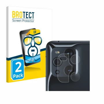 Vorderseite einer Produktverpackung mit dem Markenlogo BROTECT. Daneben ist das Gerät Oppo Find X3 Pro (NUR Kameraschutz) mit 