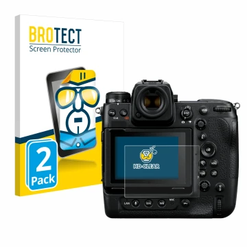 Vorderseite einer Produktverpackung mit dem Markenlogo BROTECT. Daneben ist das Gerät Nikon Z 9 mit dem zugehörigen Displaysch