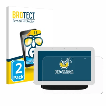 Vorderseite einer Produktverpackung mit dem Markenlogo BROTECT. Daneben ist das Gerät Google Nest Hub 2 mit dem zugehörigen Di