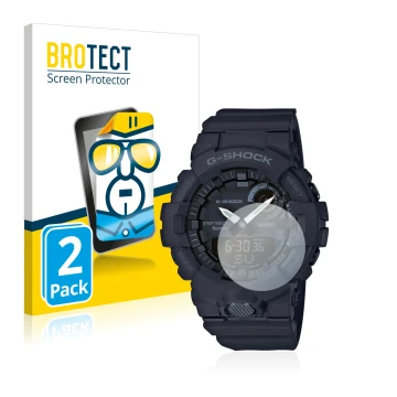 Vorderseite einer Produktverpackung mit dem Markenlogo BROTECT. Daneben ist das Gerät Casio G-Shock GBA800 mit dem zugehörigen