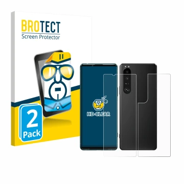 Vorderseite einer Produktverpackung mit dem Markenlogo BROTECT. Daneben ist das Gerät Sony Xperia 5 III (Display+Rückseite) mi