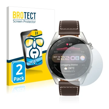 Vorderseite einer Produktverpackung mit dem Markenlogo BROTECT. Daneben ist das Gerät Huawei Watch 3 Pro mit dem zugehörigen D