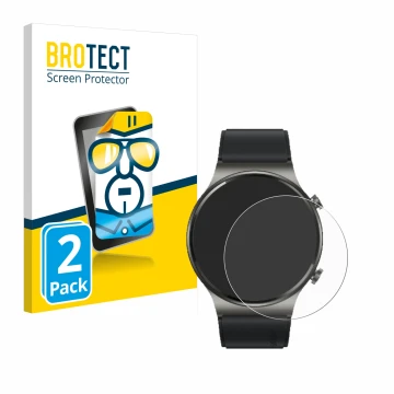 Vorderseite einer Produktverpackung mit dem Markenlogo BROTECT. Daneben ist das Gerät Huawei Watch GT 2 Pro ECG mit dem zugehö