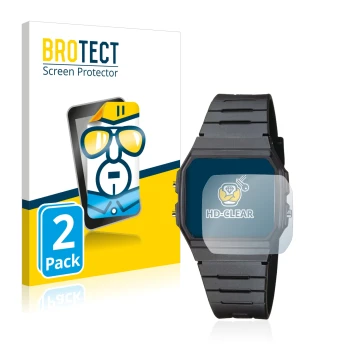 Vorderseite einer Produktverpackung mit dem Markenlogo BROTECT. Daneben ist das Gerät Casio Collection Unisex F-91W mit dem zu