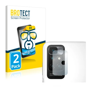 Vorderseite einer Produktverpackung mit dem Markenlogo BROTECT. Daneben ist das Gerät Xiaomi Redmi 10 (NUR Kameraschutz) mit d