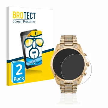 Vorderseite einer Produktverpackung mit dem Markenlogo BROTECT. Daneben ist das Gerät Michael Kors Access Gen 6 Bradshaw mit d