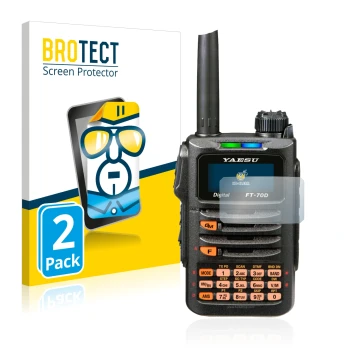Vorderseite einer Produktverpackung mit dem Markenlogo BROTECT. Daneben ist das Gerät Yaesu FT-70DR mit dem zugehörigen Displa