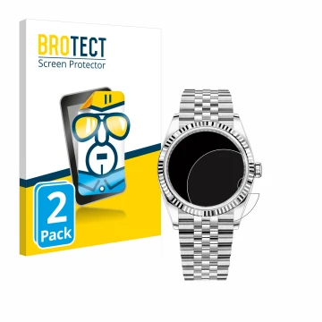 Vorderseite einer Produktverpackung mit dem Markenlogo BROTECT. Daneben ist das Gerät Rolex Datejust 36 mit dem zugehörigen Di
