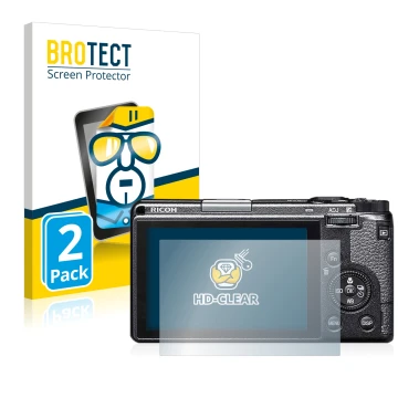 Vorderseite einer Produktverpackung mit dem Markenlogo BROTECT. Daneben ist das Gerät Ricoh GR IIIx mit dem zugehörigen Displa