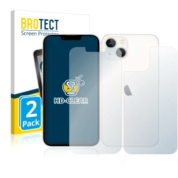 Vorderseite einer Produktverpackung mit dem Markenlogo BROTECT. Daneben ist das Gerät Apple iPhone 13 (Display+Rückseite) mit 