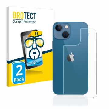 Vorderseite einer Produktverpackung mit dem Markenlogo BROTECT. Daneben ist das Gerät Apple iPhone 13 mini (Rückseite) mit dem