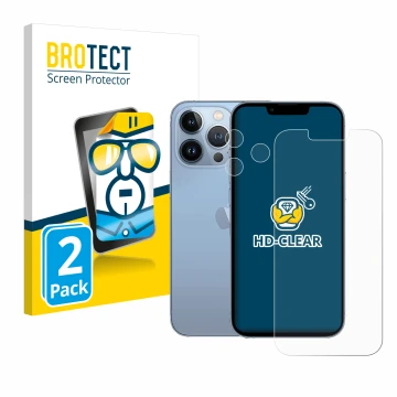 Vorderseite einer Produktverpackung mit dem Markenlogo BROTECT. Daneben ist das Gerät Apple iPhone 13 Pro (Display+Kamera) mit